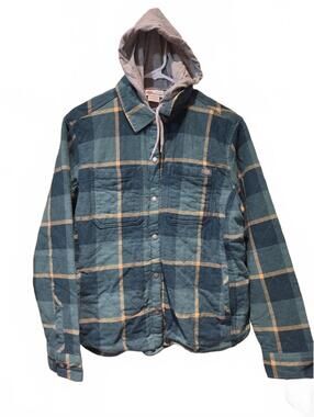 Dickies Women Quilted Plaid Flannel Jacket Shirt with Hood Size L Green/tan
